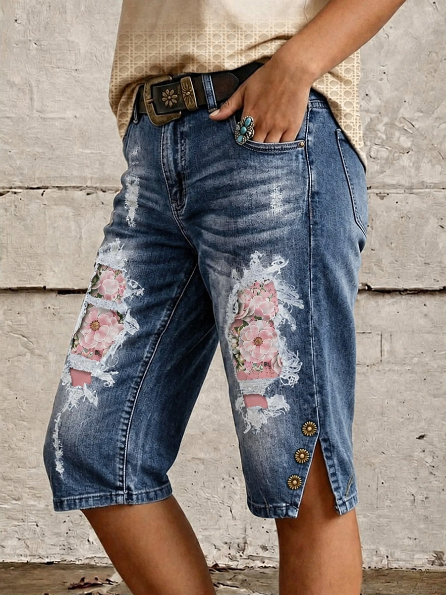Retro Style Floral Art Print Vintage Casual Denim Shorts